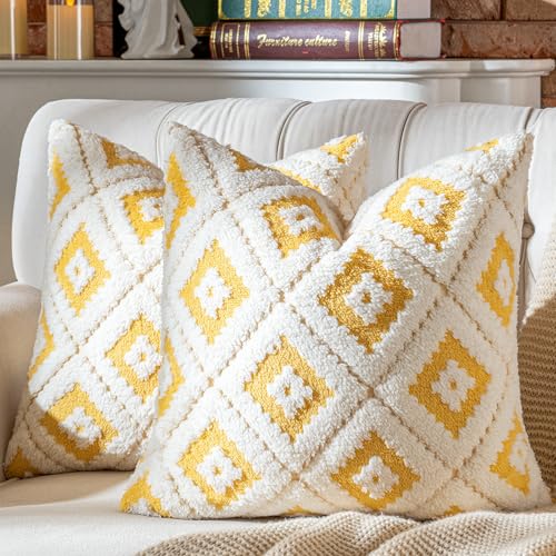 AmHoo Pack of 2 Decorative Throw Pillow Covers Rhomboid Luxury Super Soft Plush Set Case Cushion for Couch Sofa Bedroom 18 x 18-Inch Yellow - color: Yellow, size: 18" x 18" (Pack of 2)
