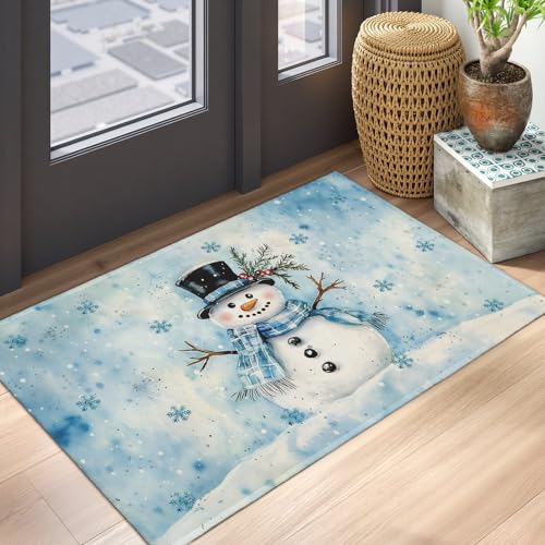 Blue Snowman Christmas Entryway Rugs 2x3 Winter Home Decor Doormat Small Non-Slip Low Pile Front Door Mat Washable Throw Rugs for Kitchen Bedroom Bathroom Xmas Holiday Decor - color: Blue Snowman