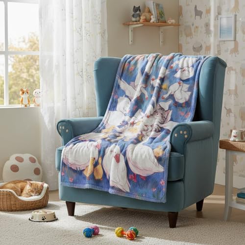 Neasow Cute Cat and Goose Throw Blanket, Whimsical Funny Pastoral Farm Meadow Flannel Blanket, Super Soft for Couch Dorm Sofa Room, Unique Gift for Kids Teens Adults, 50×60 inch - color: Cat and Goose, size: 60"L x 50"W