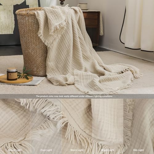 FOSSA Muslin Blanket with Fringe - 4-Layer 100% Cotton Gauze Super Soft & Breathable Throw -Lightweight Decorative Cooling Blanket for Bed, Sofa, Office (Beige, Queen (90" × 90")) - color: Beige, size: Queen (90" × 90")