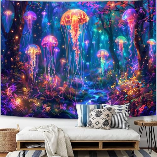 Simpkeely Blacklight Jellyfish Forest Tapestry, UV Reactive Fantasy Vibrant Neon Art Decor, Glow in The Dark Aquatic Life Wall Hanging Tapestries for Bedroom, Living Room - 70.9" x 90.6" - color: Jellyfish, size: 90.6"L x 70.9"W