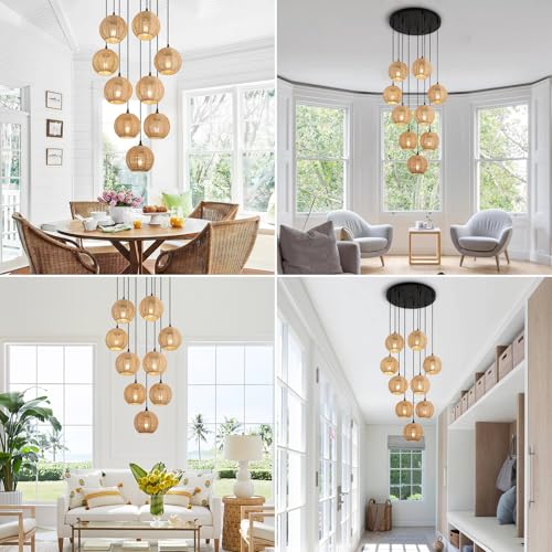 Round 9 Light Boho Pendant Light Rattan Hanging Lamp Hand Woven Wicker Small Chandelier Hanging Lights Fixture for Bedroom Kitchen Hallway Foyer - size: Round 9 Lights