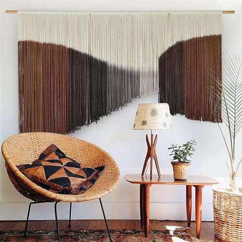 Jakalin Macrame Wall Hanging Geometric Dip Dyed Brown Red Dark Brown Boho Fiber Wall Decor for Living Room Art - color: Brown Red Dark Brown