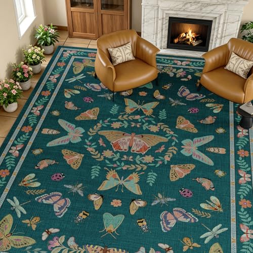 Unirea 5x7 Dark Blue Living Room Bedroom Area Rug, Large Washable Non Slip Rug for Dining Room Under Table, Kids Room, Home Office, Thin Soft Boho Stain Resistant Insect Bug Rug, Low Pile Carpet - color: Dark Blue, size: 5'x7'