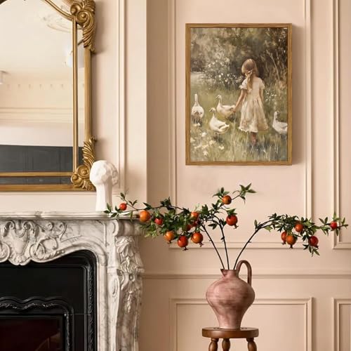 Framed Vintage Wall Art, Rustic Cute Girl with Duck Pictures Wall Decor, Farmhouse Cottagecore Paintings Country Nature Animal Canvas Prints for Living Room Bedroom Home 12x16 inch - color: Girl and Geese, size: 16"L x 12"W