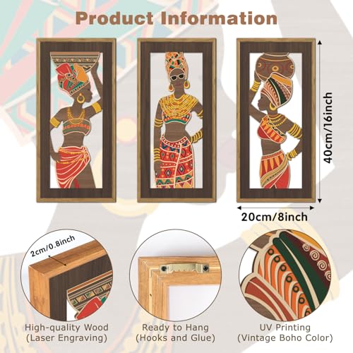 KAIRNE African American Wall Sign,Southwestern Orange Wooden Wall Art,Set of 3(8”X16”) Framed,Black Women Wood Bohemian Hanging Decor,Boho African Tribe Artwork for Living Room Bedroom Decor - color: African, size: 8"L x 16"W