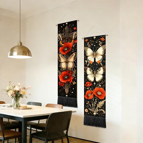 seewan 2 Pack Long Vertical Wall Tapestry, Boho Nature Landscape & Floral Aesthetic Wall Hanging for Bedroom Living Room Home Decor, Long Narrow Art Tapestry with Sunrise Mountain Botanical Designs, 13" × 51" (Poppy Vintage Bloom, 13"Wx51"H, Unframed) - c
