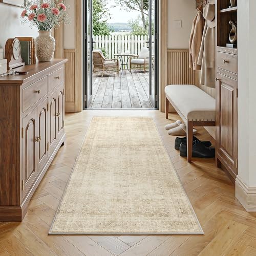 Fmfunctex 2x5 Washable Runner Rug Beige Neutral Vintage Distressed Oriental Traditional Non Slip Low Pile Indoor Carpet Retro Hallway Entryway Rug for Kitchen Living Room Bedroom Laundry Entry Bedside - color: Beige, size: 2' x 5' (Rectangular)