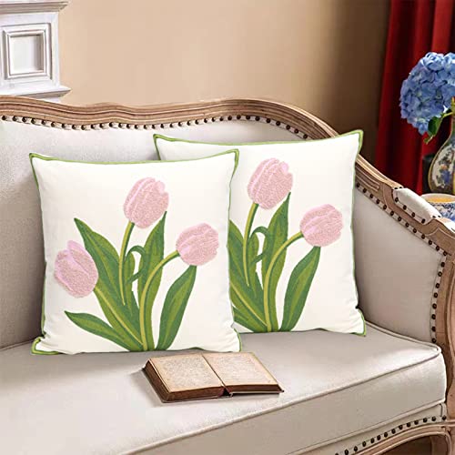 Pack of 2 Embroidered Decorative Throw Pillow Cover 18x18 Inch Farmhouse Floral Pillowcase for Living Room Sofa Bed (Pink Tulip) - color: Pink Tulip