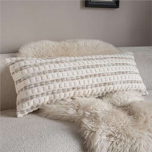 Caflife Boho Lumbar Pillow Covers 14x36 Inch Long, Farmhouse Beige Striped Textured Chenille Decorative Couch Pillow Cases, Rustic Accent Cushion Covers for Sofa Bed Living Room Bedroom, Pack of 1 - color: Beige, size: 36" x 14" (Pack of 1)
