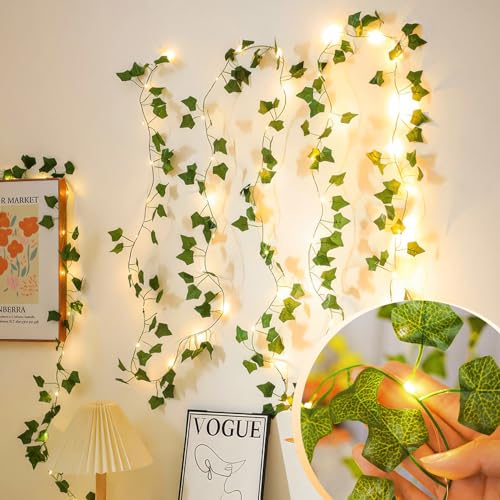 KASZOO 2 Pack 6.56 Ft Vine with Fairy Lights, 80LEDS Battery/USB Operated, Vine String Lights, Ivy Garlands with Fairy Lights for Bedroom Party Wall Room Hanging Decor - color: IVY-USB/Battery Powered-80 LED-Copper Wire