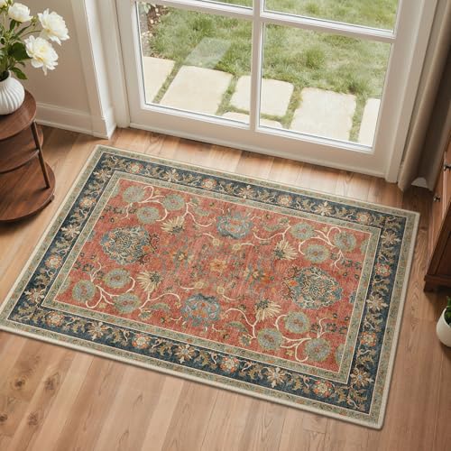 Bavni 2x4 Washable Entryway Rug, Vintage Distressed Accent Door Mat Non Slip, Low Pile Soft Coral Red Blue Carpet Stain Resistant, Small Thin Floral Area Rugs for Bathroom, Laundry, Kitchen, Nursery - color: Coral Blue, size: 2' x 4' (Rectangular)