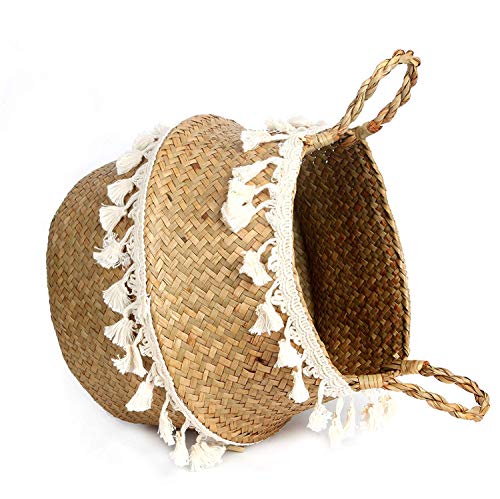 Tassel Macrame Woven Seagrass Belly Basket for Storage, Decoration, Laundry, Picnic, Plant Basin Cover, Groceries and Toy Storage (Large, Tassel) - color: Ivory White, size: Large