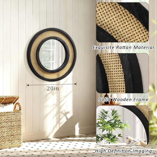 JJUUYOU Wall Mirror Round Mirror Black 20 Inch Circle Rustic Hanging Mirrors with Wood Frame Wall Mounted Mirrors for Living Room Bathroom Bedroom Entryway - color: Round Mirror-black, size: 20"L x 20"W