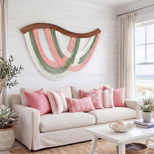 Mindsoft Blush Pink, Sage Green & White Macrame Wall Hanging Dip Dyed Yarn Wall Art, Boho Decor Handmade Cotton Rope Tapestry for Bedroom, Living Room, Nursery, 31.5 x 23.6 Inch - color: Fresh Neutral