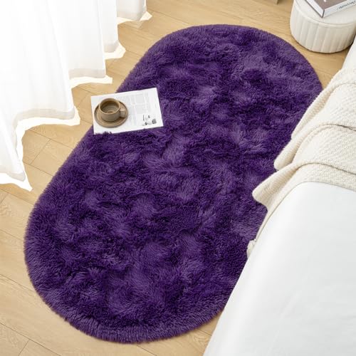 Goideal Fluffy Bedroom Rug, Small Oval Area Rugs, Purple Shag Bedside Carpet for Kids Room Nursery Dorm Cute Fuzzy Indoor Decor for Boy and Girl, 2.6 x 5.3 Feet - color: Grape Purple