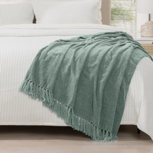 RECYCO Throw Blanket Soft Cozy Chenille Throw Blanket with Fringe Tassel for Couch Sofa Chair Bed Living Room Gift (Sage, 50'' x 60'') - color: Sage, size: 50'' X 60''