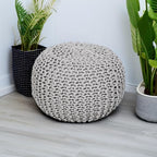 REDEARTH · Round Boho Pouf Ottoman - Cable Knitted Cord Boho Pouffe - Stuffed Poof Accent Beanbag Footrest for Living Room - Nursery - Bedroom - Covered Patio - Study Nook (19.5"x19.5"x14") - Gray