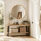 Circle Wood Mirrors for Wall, Wavy Round Bathroom Scalloped Mirror Wooden Frame 30 Inch for Living Room Farmhouse Bedroom Hallway Entryway Living Room with Shatterproof Glass Wall Mounted - size: 30"L x 30"W