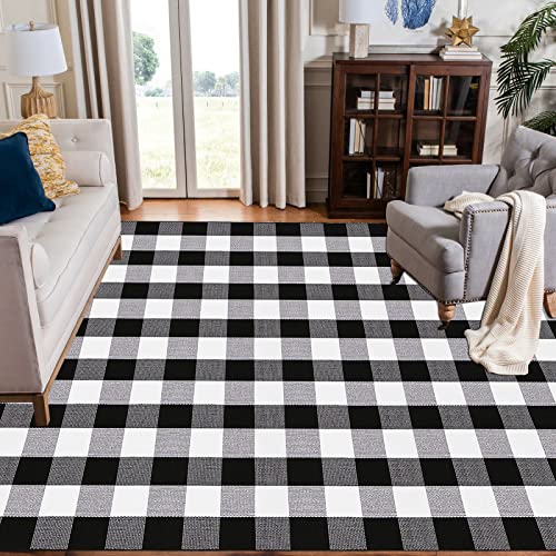 Bottalive Buffalo Plaid Outdoor Rugs, 5'x7' Black and White Checkered Area Rug, Washable Cotton Woven Indoor/Outdoor Rug for Farmhouse/Patio/Front Porch/Living Room/Laundry Room/Bedroom Décor - color: Black and White Plaid, size: 5' x 7' (Rectangular)