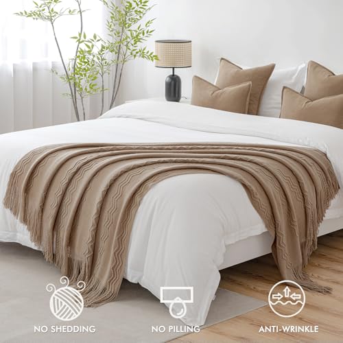 MIULEE Tan Taupe Knitted Throw Blanket for Couch Boho Textured Cozy Woven Blanket with Tassels for Sofa Chair Bed Living Room Farmhouse Home Decor Acrylic Wave Pattern 50"x60" - color: Tan Taupe, size: 50" x 60"