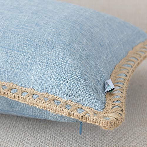 NordECO HOME Set of 2 Farmhouse Throw Pillow Covers - Burlap Linen Trimmed Tailored Edges Decorative Cushion Covers for Bed Home Decoration, 12 x 20, Blue - color: Light Blue, size: 20" x 12" (Pack of 2)