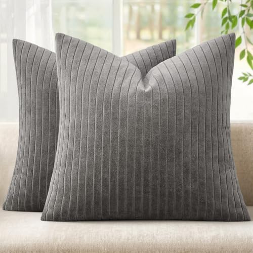 MIULEE Set of 2 Grey Decorative Throw Pillow Covers 18x18 Inch, Thick Soft Textured Striped Cushion Covers, Modern Solid Color Farmhouse Boho Pillow Case for Sofa Couch Bed Living Room - color: Grey, size: 18" x 18" (Pack of 2)