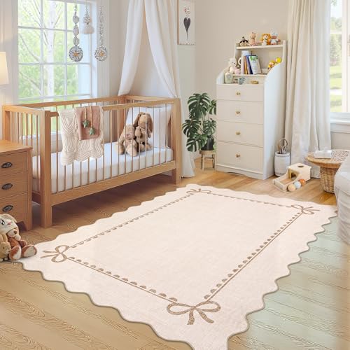GarveeHome Scalloped Bow Rug for Living Room, Solid Beige Rug for Dorm, Washable Rugs 3x5 Soft Low Pile Non Slip Scalloped Rugs for Nursery Bedroom Decor Hallway Kids Room Playroom - color: Beige, size: 3' x 5' (Rectangular)
