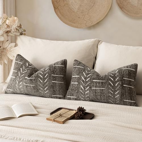 Home Décor Decorative Boho Chenille Throw Pillow Covers, Neutral Lumbar Cushion Covers, Textured Soft Farmhouse Pillowcase for Couch Sofa Bed Living Room, 12×20 Inch, Set of 2, Cocoa Brown - color: Cocoa Brown, size: 20" x 12" (Pack of 2)