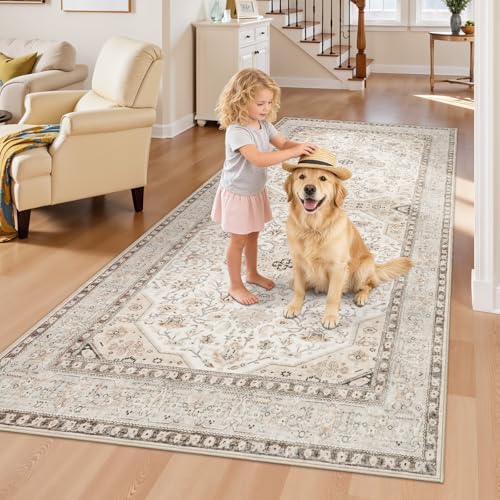 HILORUUG Washable Oriental 4x8 Rug: Indoor Non Slip Area Rugs for Kitchen Hallway Entry - Ultra Thin Low Pile Stain Resistant Front Door Mat - Home Decor for Vintage Style Lover - 4x8 Ivory - color: Ivory, size: 4' x 8' (Rectangular)