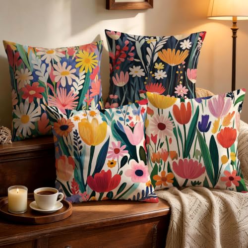 OBSEDE Modern Abstract Floral Decorative Throw Pillow Covers, Set of 4 Bold Graphic Cushion Cases 18x18 Inch for Sofa - color: Modern Abstract Floral