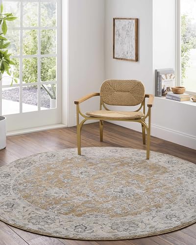 Hauteloom Borah Area Rug - Floral Border Medallion Damask Distressed - Traditional Oriental Transitional Oushak Farmhouse - Light Brown, Cream, Medium Brown, Tan, Gray - 2' x 2'11" - color: Light Brown, Cream, Medium Brown / Kerem, size: 1'11" x 2'11" (Re
