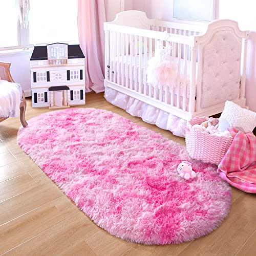 junovo Ultra Soft Washable Shaggy Rug - Non-Slip Oval Carpet for Nursery, Kids Bedroom & Home Decor (2.6x5.3ft Tie-Dye Pink) | Plush Fluffy Floor Mat for Cozy Living Spaces - color: Tie-dye Pink, size: 2.6' x 5.3'