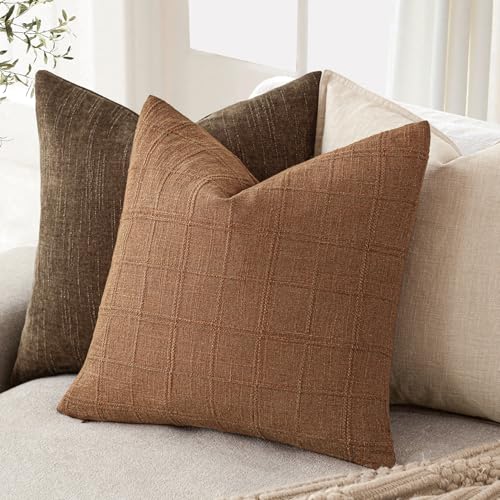 Foindtower Set of 1 Decorative Linen Check Throw Pillow Cover Neutral Farmhouse Vintage Cushion Cover Modern Boho Home Decor for Sofa Chair Couch Bedroom Living Room,16×16 Inch,Orange - color: Autumnal, size: 16" x 16" (Pack of 1)