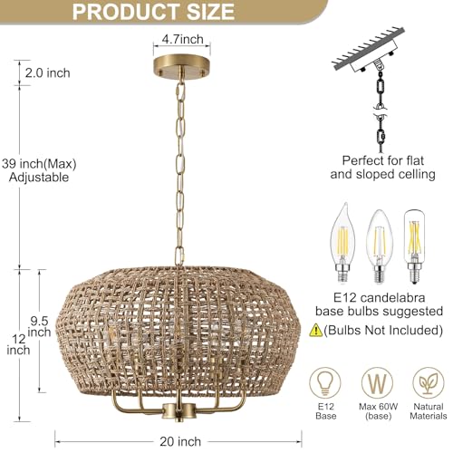 20" Boho Rattan Chandelier for Dining Room,5-Light Hand-Woven Natural Rattan Ceiling Light Fixture with Adjustable Chain, E12 Sockets Dimmable Pendant Light for Kitchen Living Room Hotel(Gold) - color: Gold 5-Light 20" Round