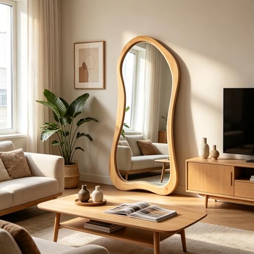 Large Irregular Solid Wood Mirror, 63"x30" Asymmetrical Aesthetic Floor Mirrors with Wooden Frame, Organic Shape Mirror for Entryway Hallway Bedroom Living Room, Leaning/Wall-Mounted - color: Natural Wood Frame, size: 63"L x 30"W