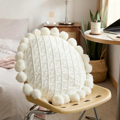 Byitre Bohemian Round Pillow 20 Inch | 100% Cotton Decorative Pillow Hand Tufted with Chunky Textured Poms | Boho Throw Pillow for Bed or Couch | Natural White Throw Pillow - color: Lattice White