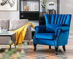 Kmax Blue Accent Chair Velvet Wingback Chair with Pillow Nail-Head Channel Tufted Oversized Club Chair for Living Room Bedroom Guest Room - color: Blue