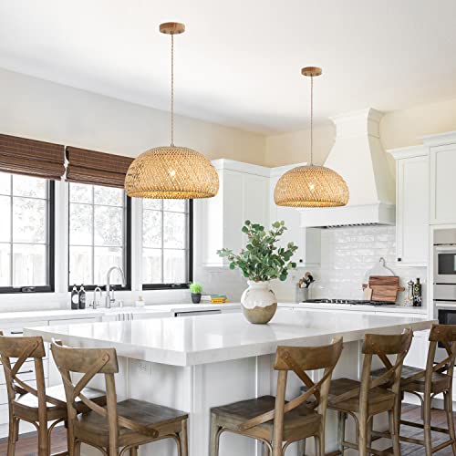Bamboo Large Pendant Light Fixture 17.8 inch One-Light Adjustable Rustic Basket Handmade Woven Pendant Lighting for Kitchen Island Farmhouse Dining Room Living Room - color: Natural