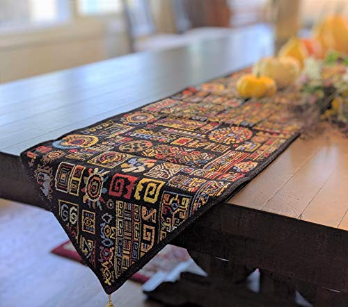 DaDa Bedding Bohemian Tapestry Table Runner - Greek Ethnic Ornaments Geometric Calligraphy Dark Black Textile - Multi-Colorful Cotton Linen Woven Kitchen Dining Mats - 13" x 54" - size: 13" x 54"