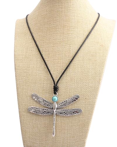 Leather Necklace for Women Long Boho Pendant Hippie Choker Necklace Bohemian Layered Leather Rope Wooden Jewelry Gifts - style: Dragonfly Necklace Silver