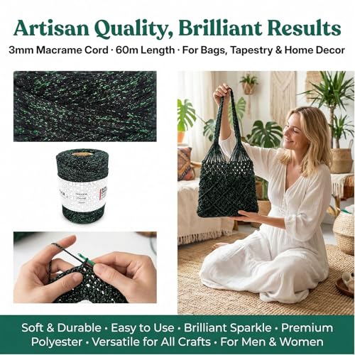 3mm Sparkle Polyester Macramé Cord - 150g/66yds Metallic Glitter Braided Cord for Crocheting Bags, Baskets, Macramé Plant Hangers & DIY Crafts, Machine Washable (14#Black Green) - color: 14#black Green