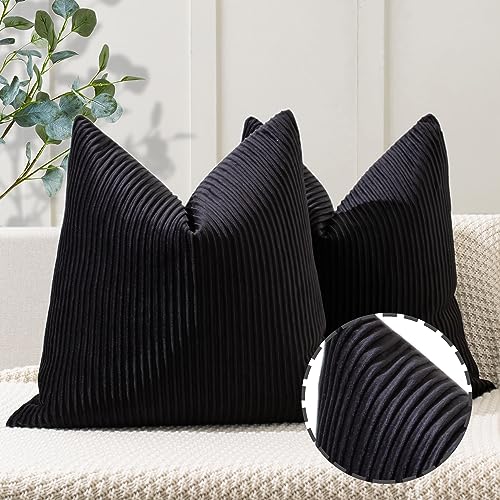 YCOLL Black Pillow Covers 16x16 Set of 2 Velvet Striped Pattern - Soft Throw Pillows for Home Decor, Luxury Decorative Pillow Covers for Couch, Bed,Living Room - color: Black, size: 16" x 16" (Pack of 2)