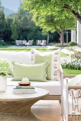 Hofdeco Premium Grandmillennial Patio Indoor Outdoor Lumbar Pillow Cover Only, 12"x20" Water Repellent for Backyard, Couch, Poolside, Grass Green Embroidered Frame - color: Grass Green Frame 12"x20"