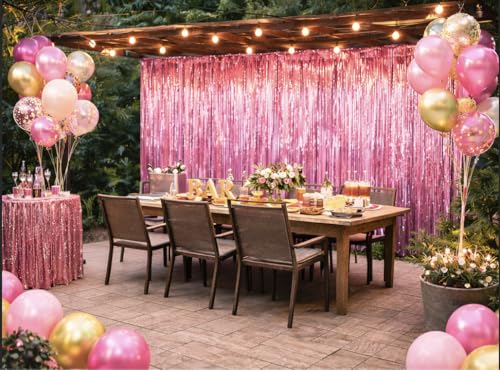 2 Pack Pink Metallic Foil Fringe Curtain Backdrop Streamers Tinsel 3.2ft x 6.4ft. Party Decoration for Birthday, Wedding, New Years Eve, Graduation, Baby Shower - color: Pink