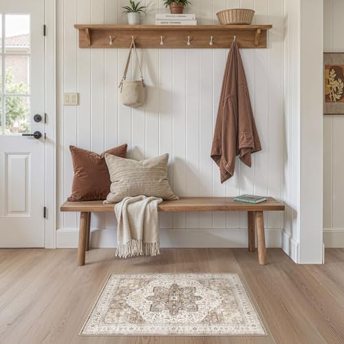 Tortania Area Rug 2x3 Doormat - Washable Vintage Oriental Farmhouse Soft Thin Indoor Carpet for Living Room Bedroom Hallway Entryway Kitchen - Brown - color: Brown, size: 2' x 3' (Rectangular)