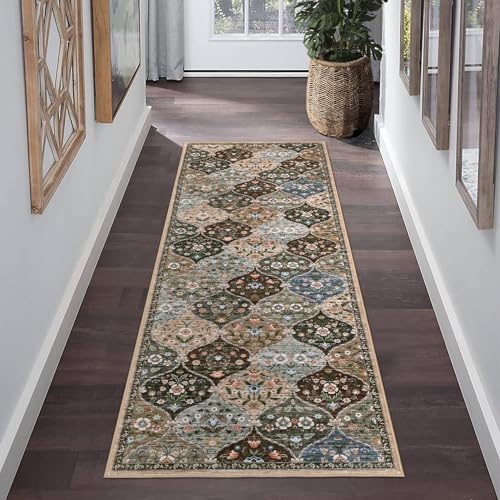 ROYHOME Runner Rug Moroccan TrellisWashable Hallway Runner Rug, Stain Resistant Non-Slip Distressed Floral Runner Entrance Carpet for Bedroom Laundry Kitchen Entryway, Taupe/Brown, 2' x 6' - color: Taupe/Brown, size: 2' x 6' (Rectangular)