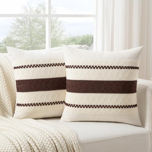 Fancy Homi Set of 1 Boho Brown Decorative Throw Pillow Cover 16x16 Inch for Couch Bed Sofa, Aesthetic Modern Organic Farmhouse Home Decor, Soft Cotton Cute Accent Macrame Woven Cushion Case - color: Brown, size: 16" x 16" (Pack of 1)