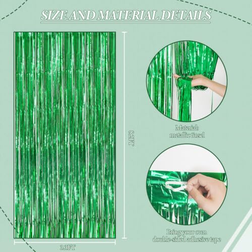 DECOCKRAT 3 Pack Foil Fringe Backdrop - Green Shiny Tinsel Curtains for Party Decoration/Photo Booth Props - 3.3x8.2 FT Metallic Foil Backdrop for Birthday, Wedding, Graduation, Christmas. - color: Green