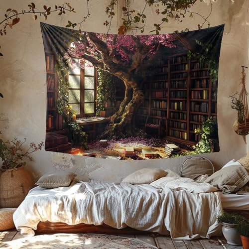 Richldeas 60x44inchs Bookshelf Tapestry Cherry Blossom Tree Tapestry Library Tapestries Reading Blanket for a Windowless Office and Dormitory Bedroom Living Room Home Decor RITAYW075 - color: Pink, size: 60"L x 44"W